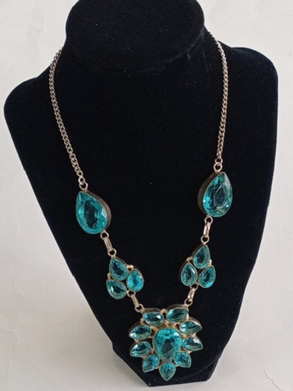 Blue Turquoise Necklace with Ornate Pendant and Silver Chain